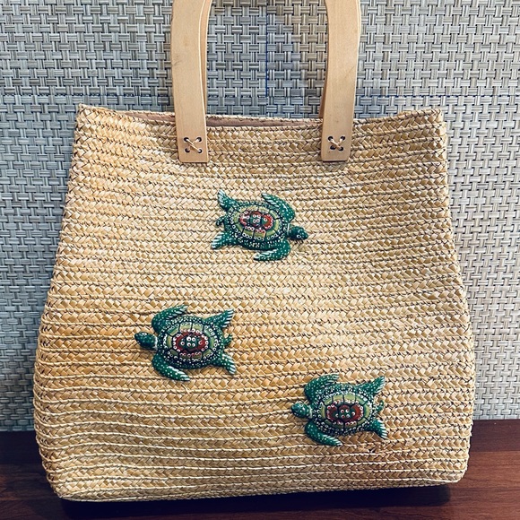 ๐3xHP๐VTG 3D Turtles Natural Straw Wooden Top Handle Tote Handmade B Lerner - Picture 2 of 13
